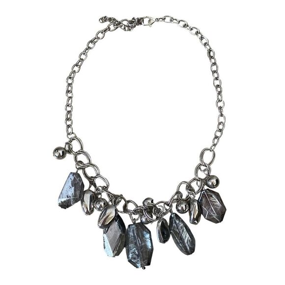 Black + Gray Metallic Chrome Mismatched Adjustable Beaded Necklace Silver Tone - Picture 4 of 4